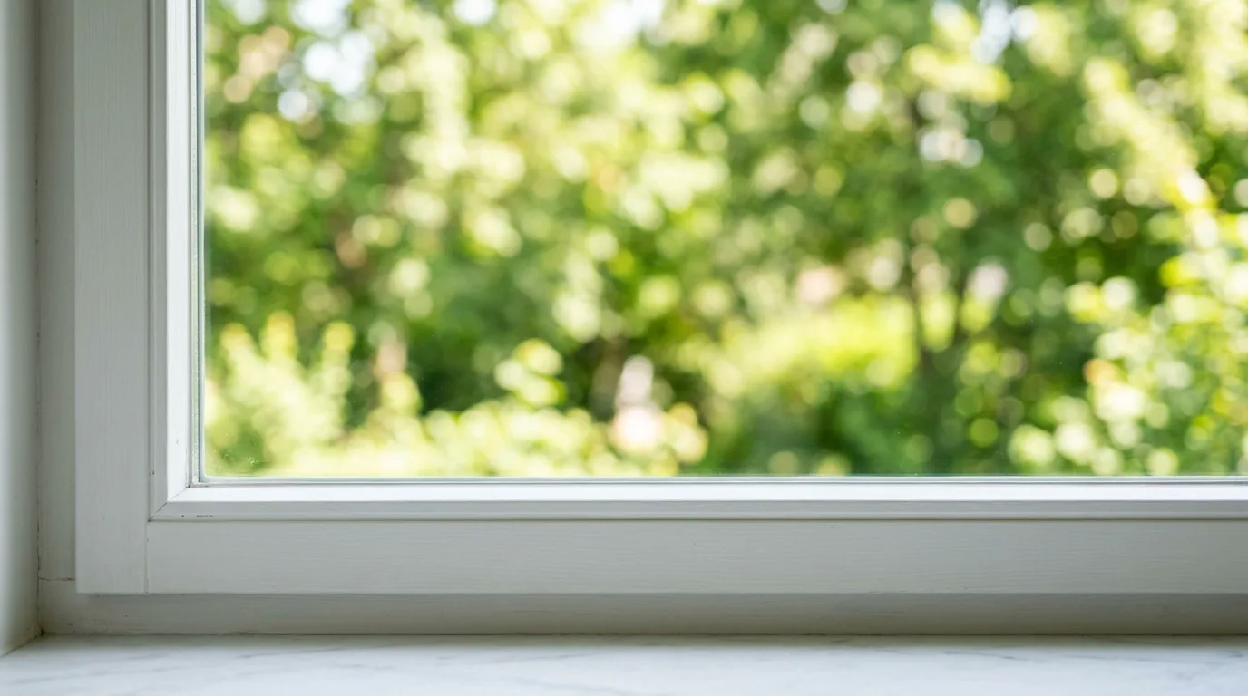 Streifenfrei geputzte Fensterscheibe mit Blick ins Grüne