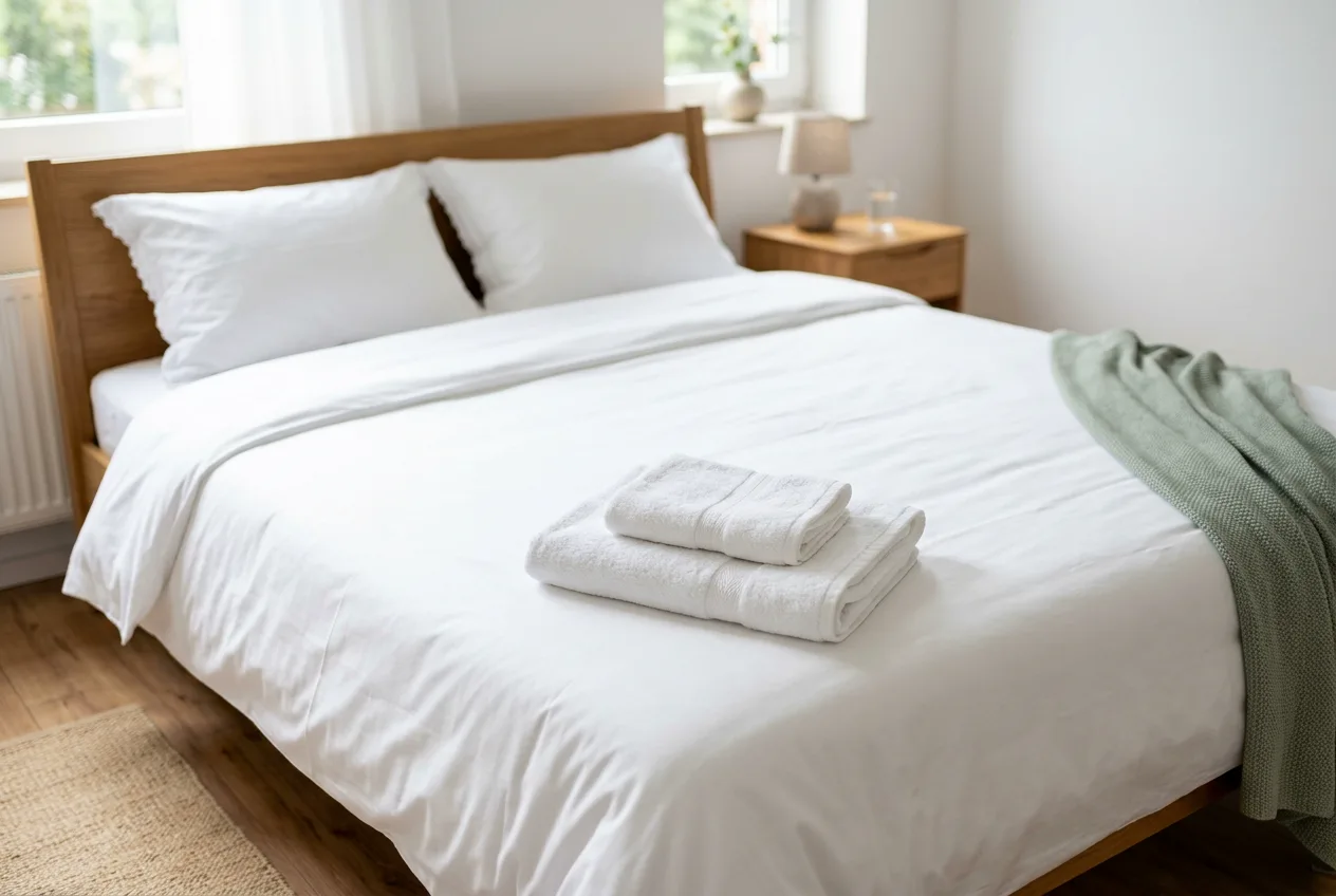 Frisch bezogenes Bett mit gefalteten Handtüchern in einer Ferienwohnung
